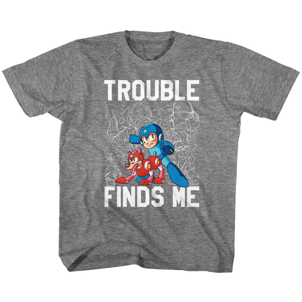 Mega Man Trouble Graphite Heather Childrens T Shirt